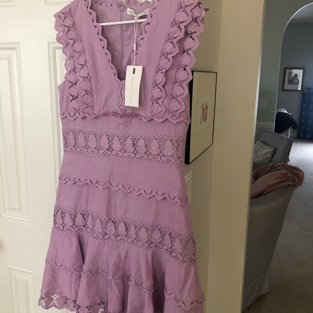 New w Tag: Endless Rose Cotton Linen Lavender Dress with Lace. Size Medium - Picture 4 of 10